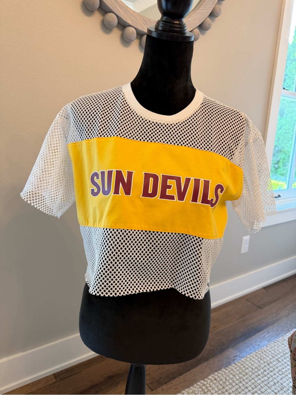Sun Devils Mesh Crop Tee in White and Gold